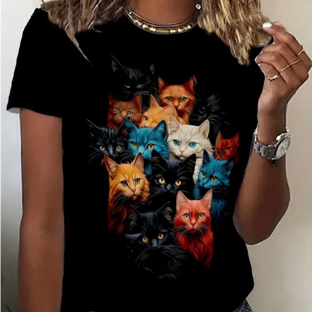 Black Cat Short Sleeve T Shirt Colored Kitty Trendy Crazy Cat Lady Grunge Boho